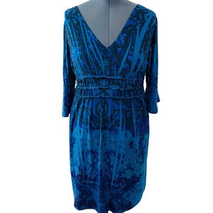 One World Women's XL Dress Knit Blue Print Ruffles Boho Stretch Fit & Flare